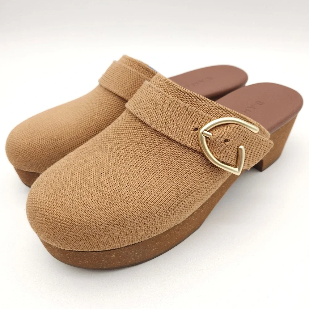 Rothy's Women's 7.5 Butternut Classic Buckle Clog Platform Knit Mule Comfort Tan - Picture 1 of 9